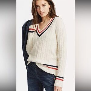 Lauren Ralph Lauren Cream Cable Knit Cricket Sweater SZ. L Wool Blend V Neck